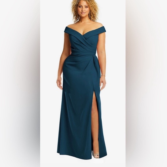 After Six Dresses & Skirts - After Six - Deep Teal Atlantic Blue Off the Shoulder Crepe Gown Maxi Dress
